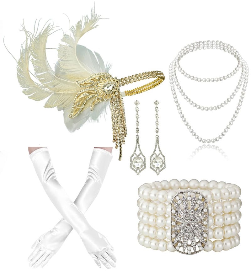 Cizoe 1920s Gatsby Accessories Set for Women Flapper Headband 20s Headpiece Necklace Gloves(ab4) - Image 1